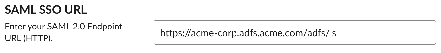 URL de SSO de SAML y cuadro de texto con la URL introducida