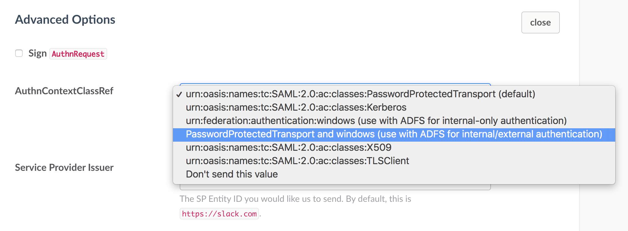 Opzioni avanzate con il menu a discesa AuthnContextClass Ref aperto