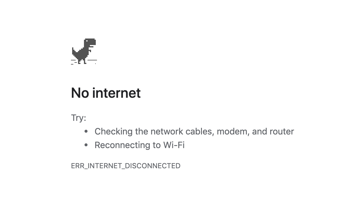 Una ventana del navegador con un mensaje de error que indica que no hay conexión a Internet