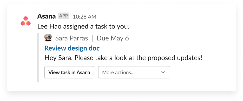 一条消息，显示从已添加到 Slack 的项目管理应用中分配了一项任务