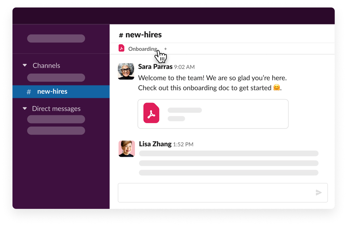 将鼠标悬停在 Slack 新员工频道中已钉选的入职文件上
