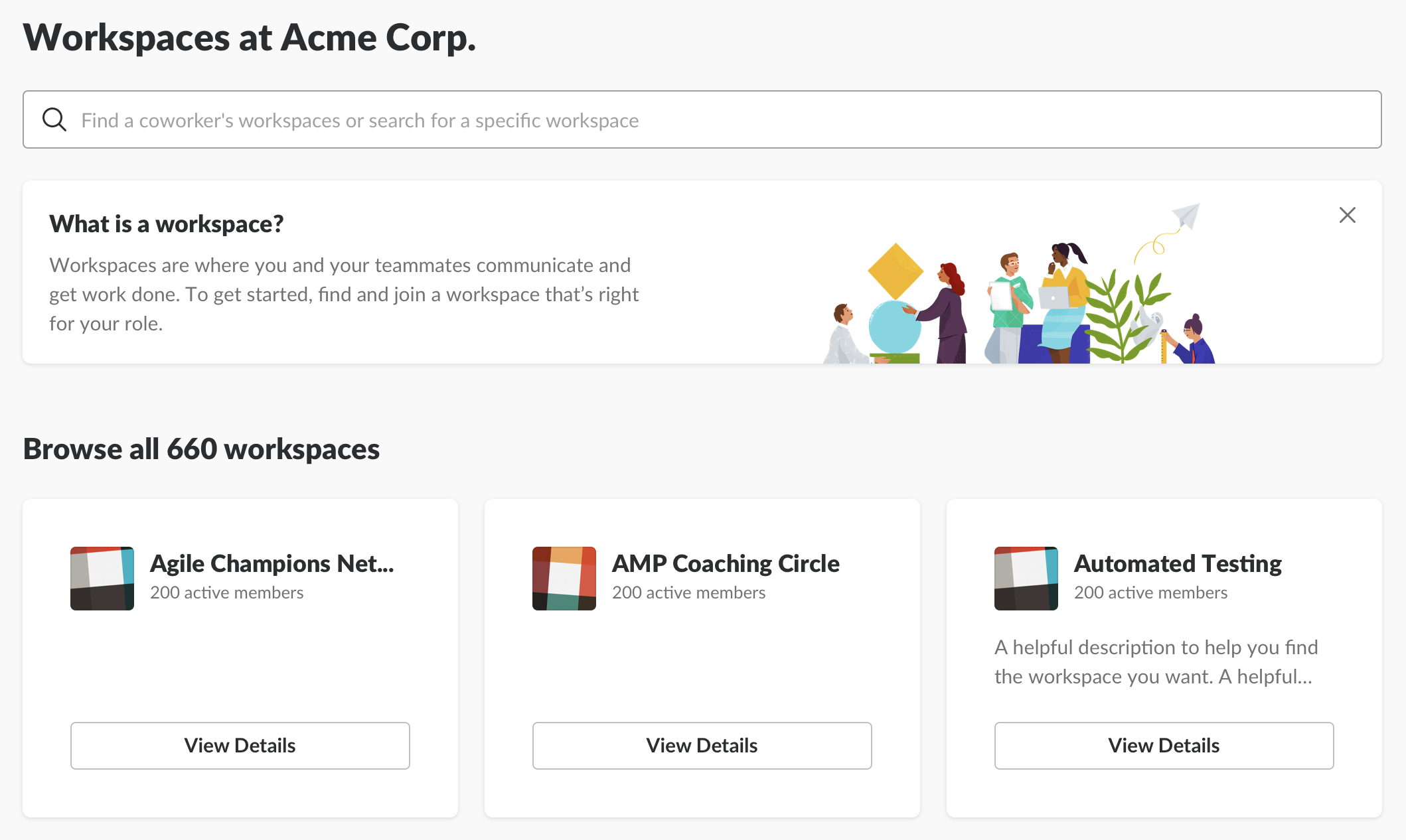 Página de navegador mostrando todos os workspaces disponíveis para entrar em uma organização do Enterprise Grid