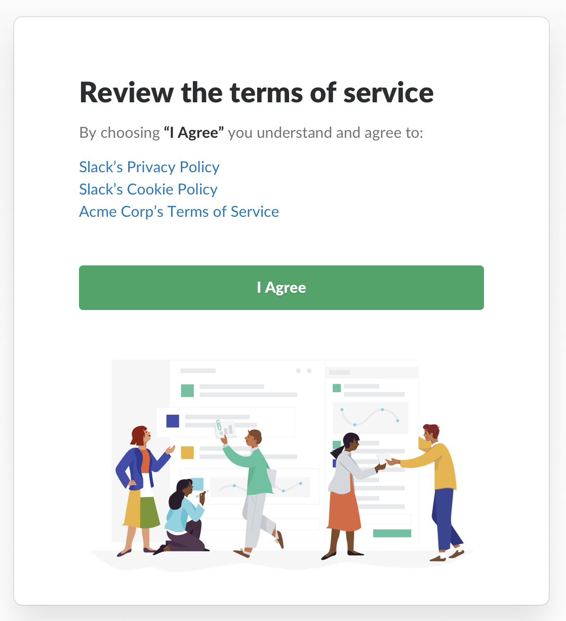 Prompt to review the terms of service for Slack and the Enterprise Grid organisation