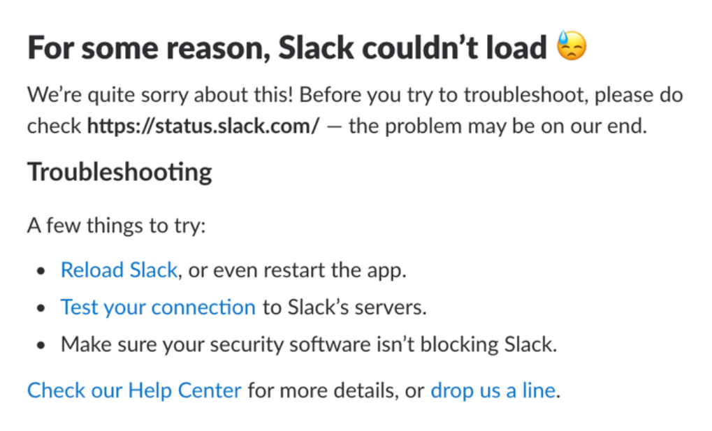 「何らかの理由により、Slack を読み込めませんでした」と書かれたエラーメッセージ。