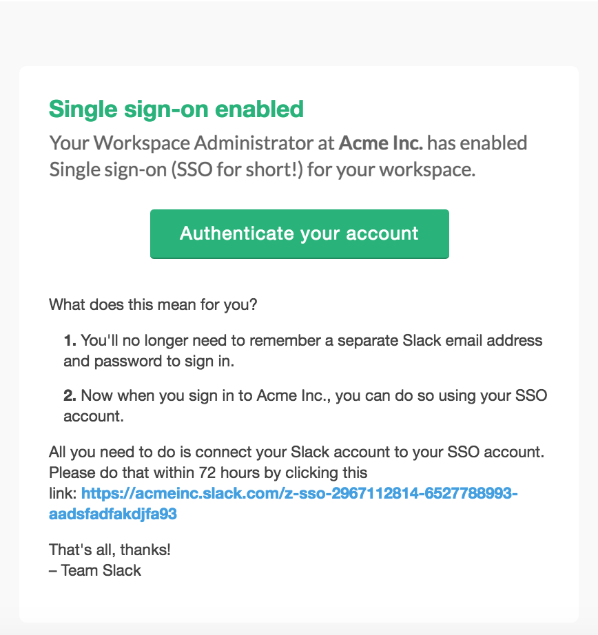 Confirmation de l’authentification unique activée et bouton pour authentifier le compte