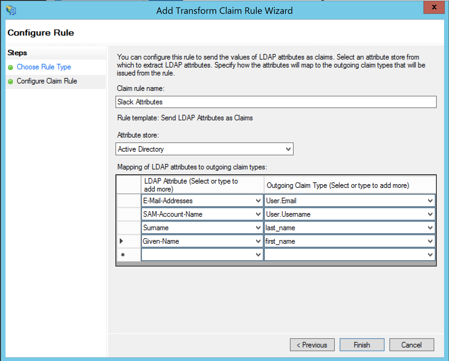 Configure Claim Rule step, showing list of LDAP Attributes and Outgoing Claim Types