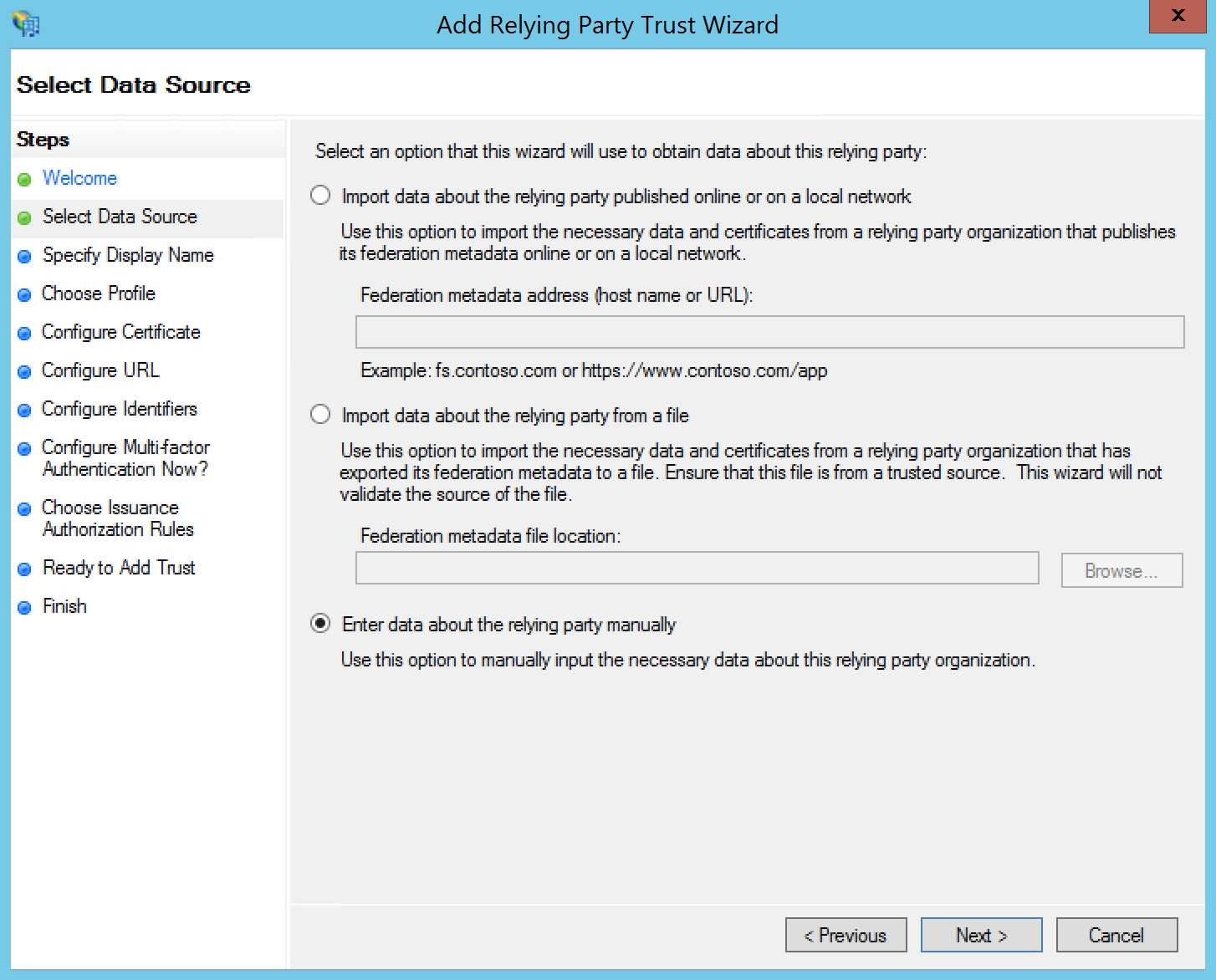 Select Data Source step, with option to enter data about the replying party manually selected