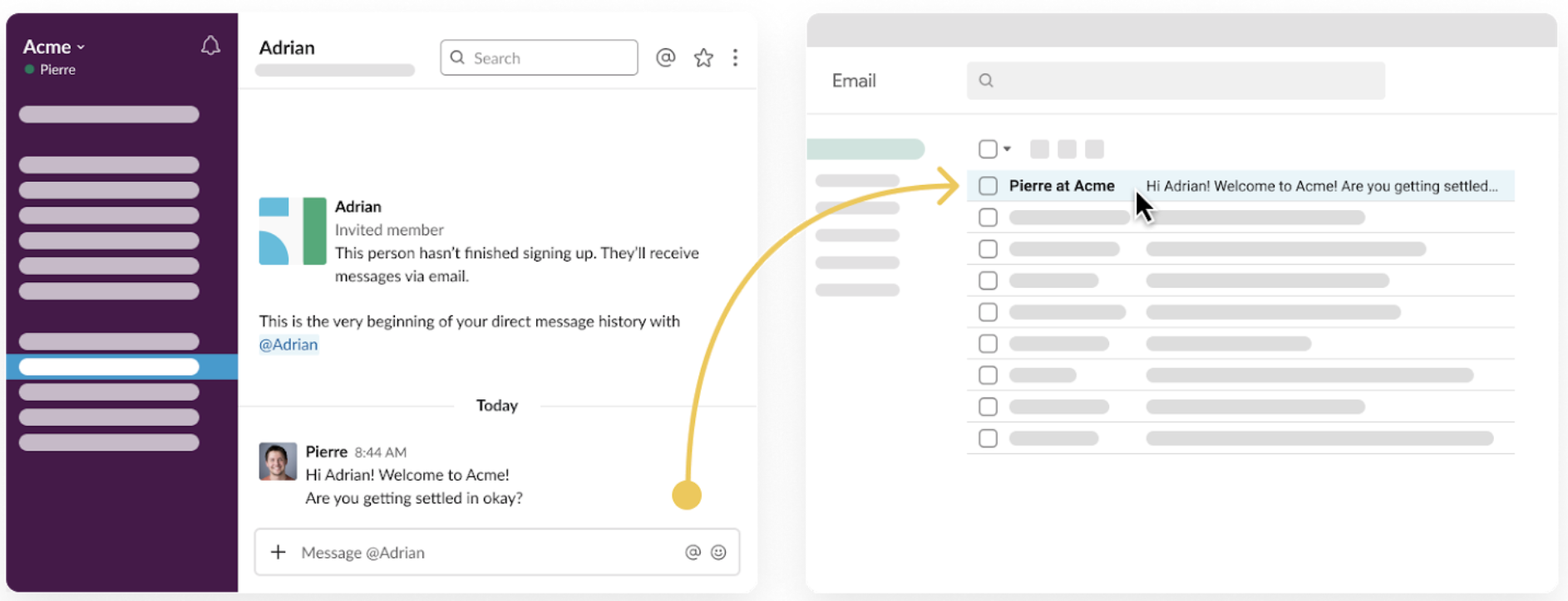 Mensaje directo enviado a un miembro invitado en Slack. Además, se muestra el mensaje en la bandeja de entrada del miembro