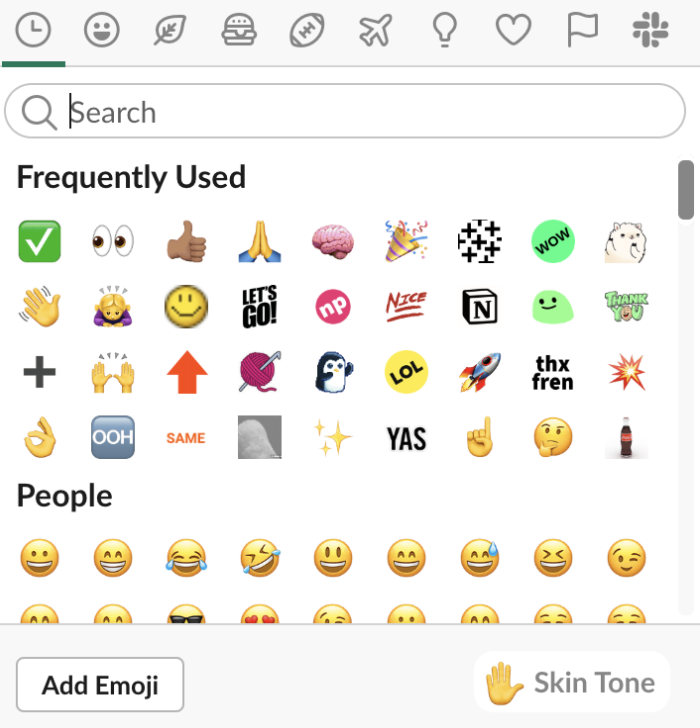 Menu de emojis mostrando os emojis usados frequentemente e o botão para adicionar novos