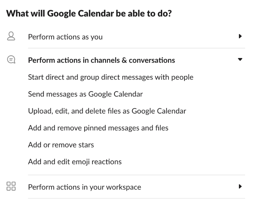Google 日历应用权限，显示应用可在 Slack 中采取的操作