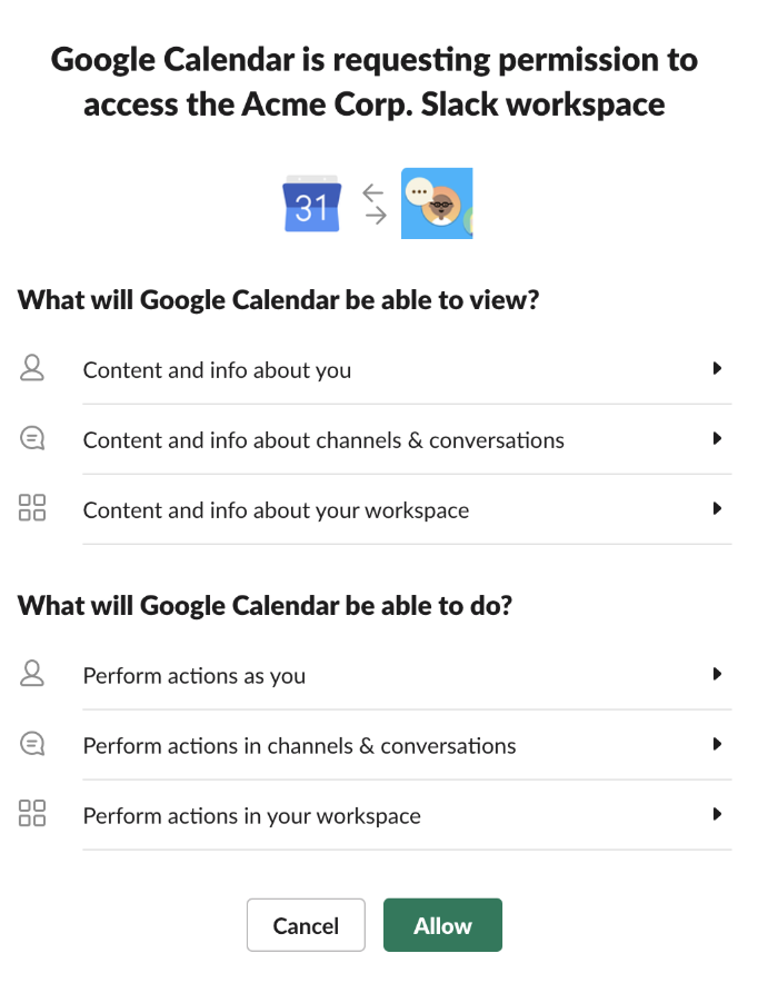 Permissões do app Google Agenda mostrando os dados que o app pode acessar no Slack