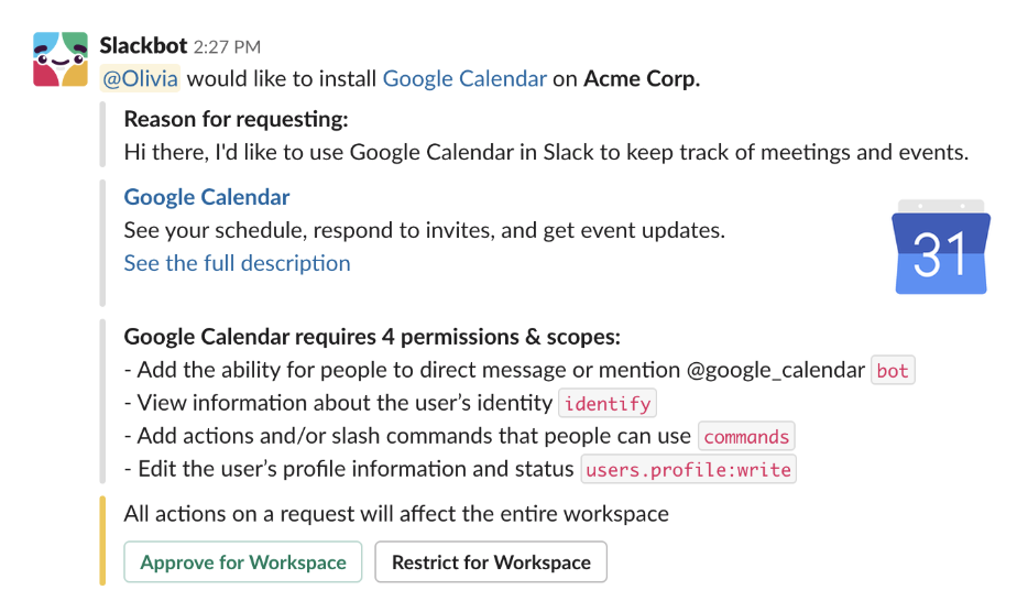 ワークスペースでのアプリのリクエストを管理する Slack