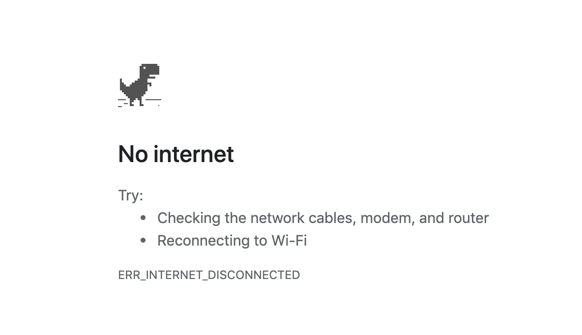 ‘인터넷 연결 없음’이라는 내용의 오류 메시지가 있는 브라우저 창