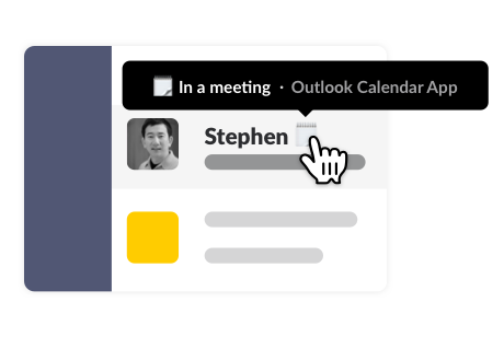 Estado de Slack que refleja que un miembro está en una reunión, sincronizado desde su evento en el Calendario de Outlook
