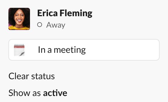 Image showing Erica Fleming's Slack status as in a meeting and availability as away