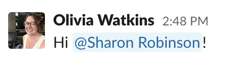 Slack의 @멘션에 쓰인 Sharon Robinson의 성명