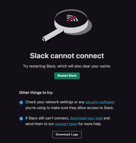 Un mensaje de error en el que se indica que Slack no puede establecer la conexión.