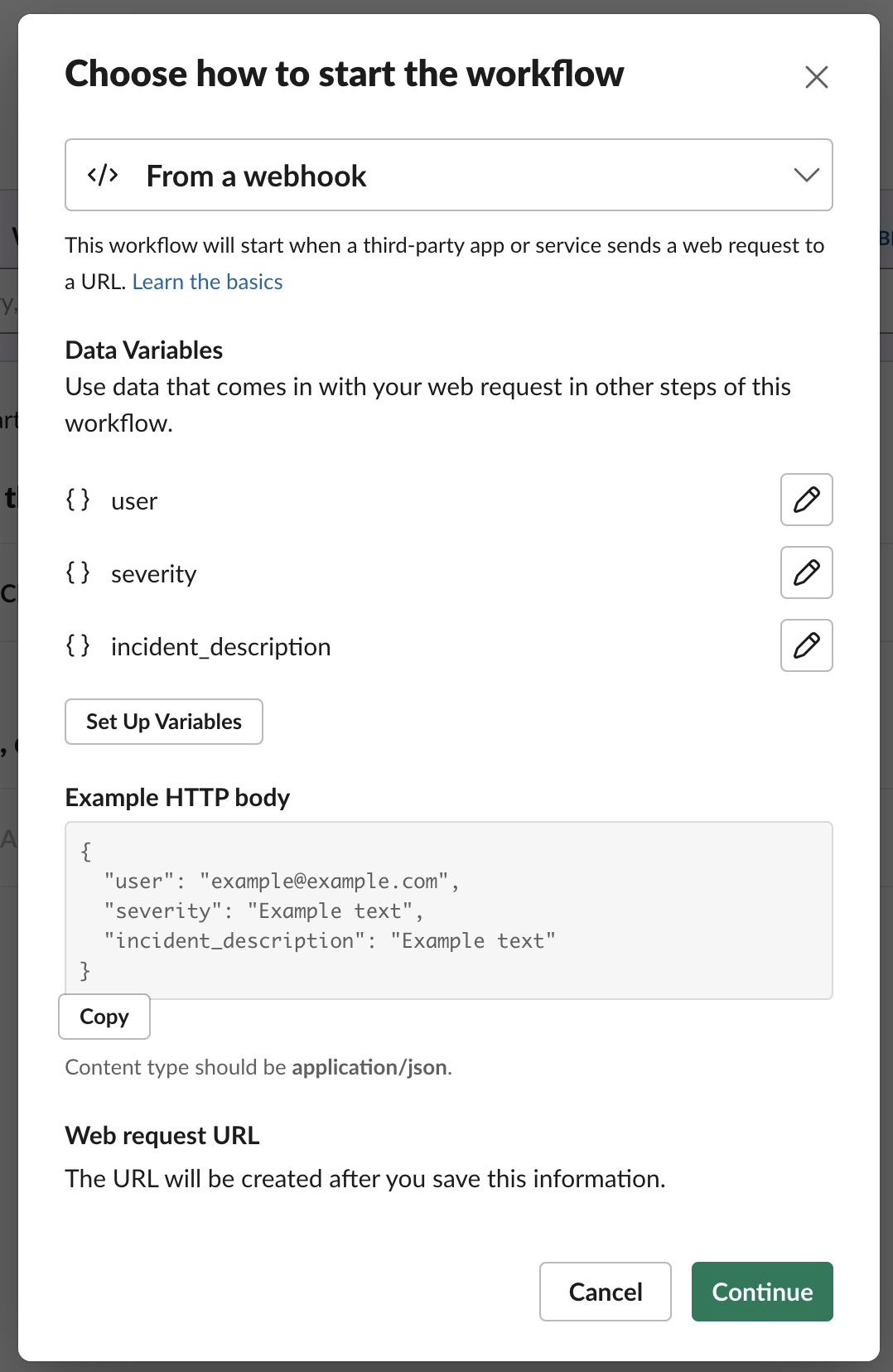 Webhook configuration in Workflow Builder showing the webhook URL and custom variables