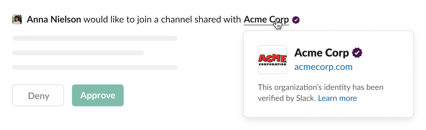 Request from a member to join a channel with a verified company, showing a purple tick next to the company name and buttons to approve or deny