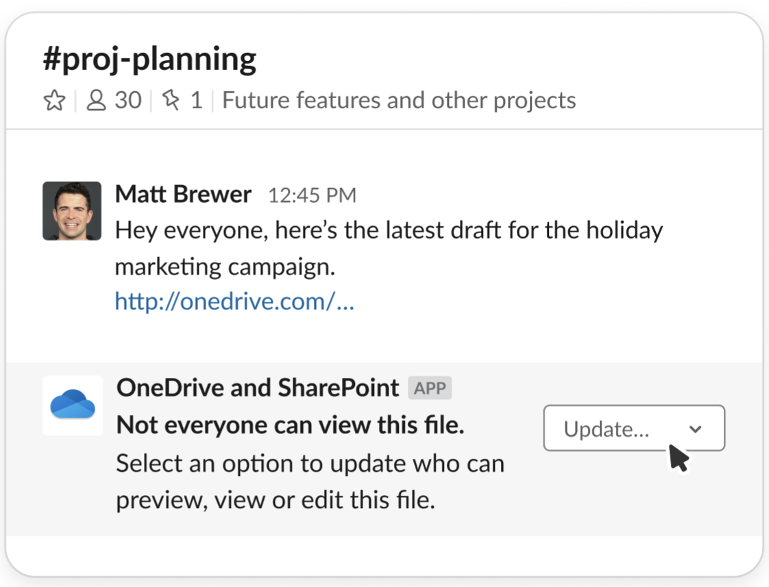 在 Slack 中共享的 OneDrive 文件，并带有更新文件可见性的提示