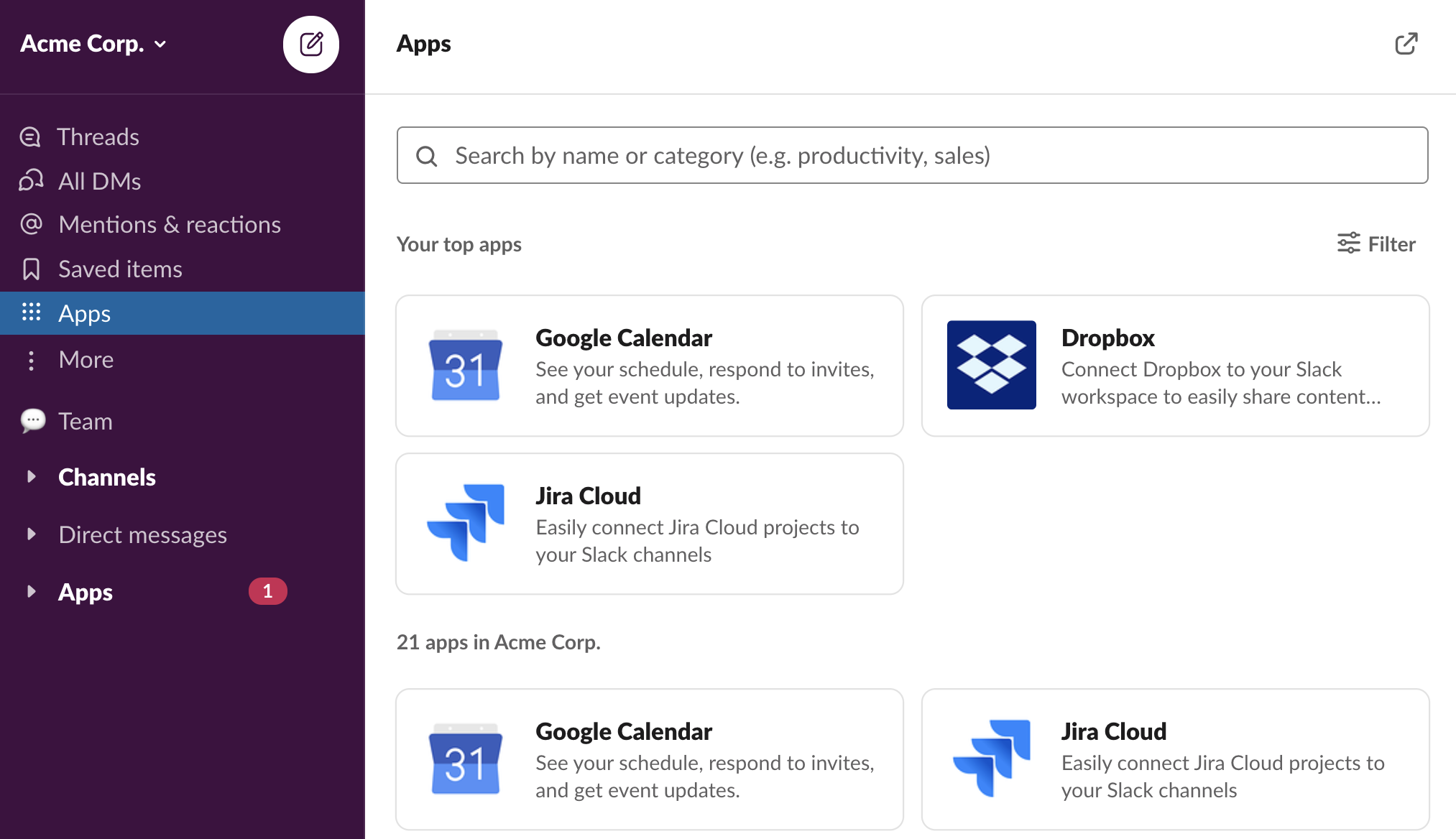 App browser in Slack showing top apps and subset of all available apps in the workspace