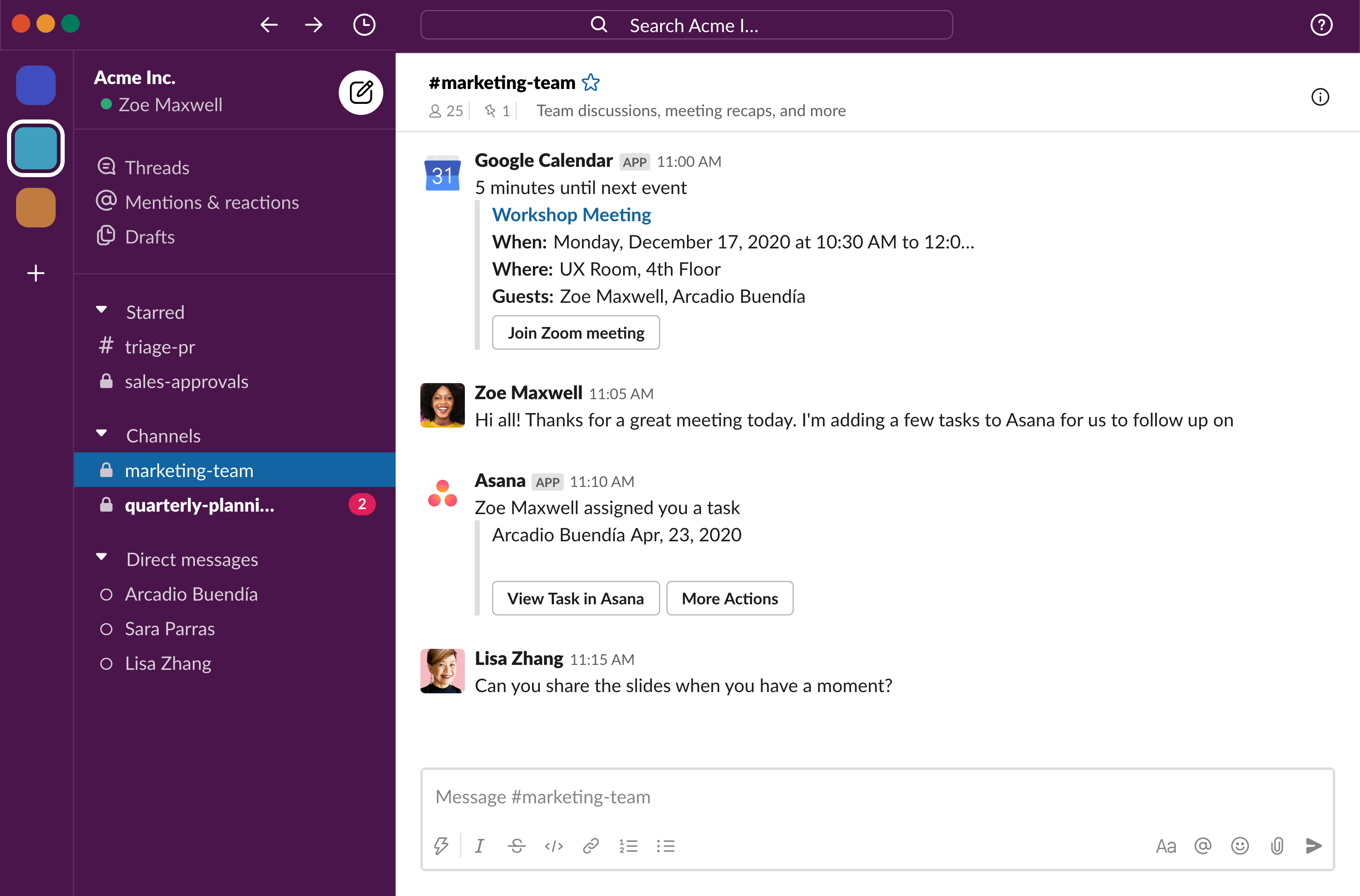 Slack desktop app showing three workspaces that you can switch between on the far left side