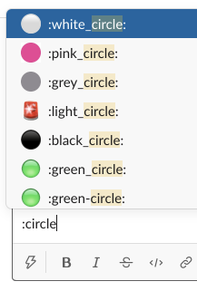 Captura de pantalla de una lista de sugerencias de códigos de emoji