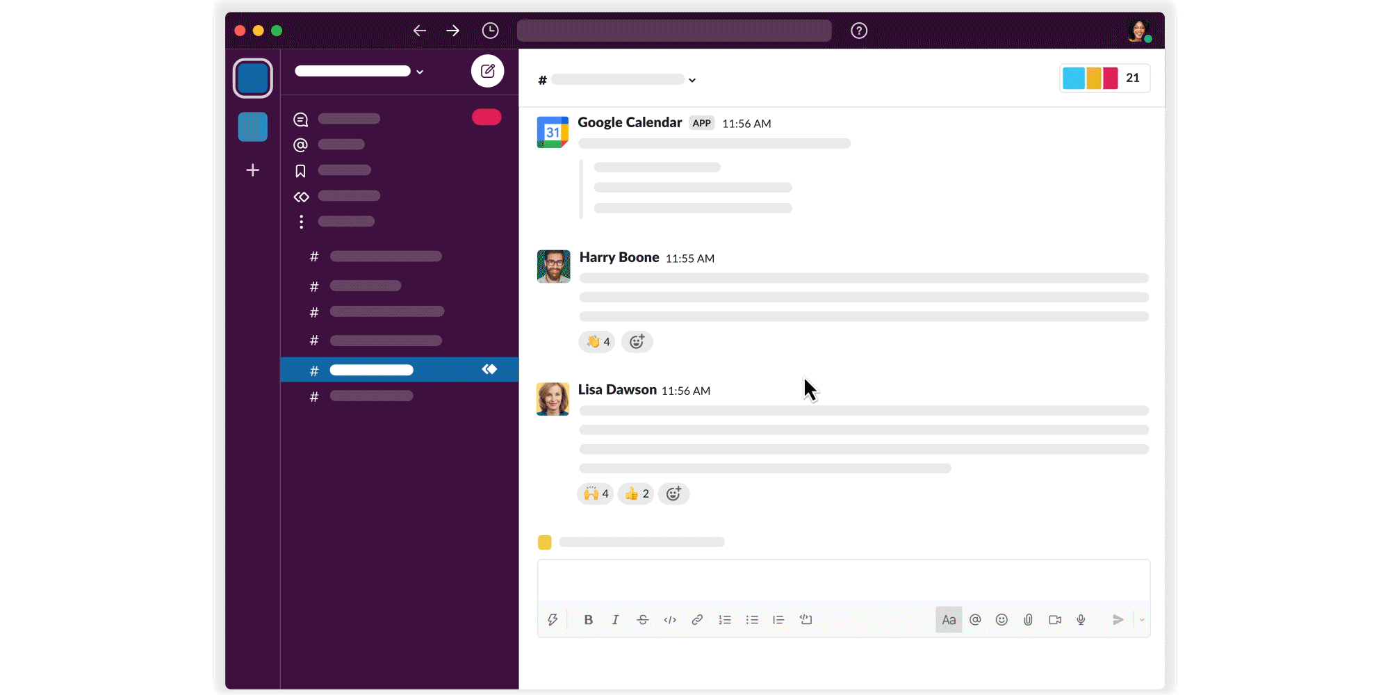 GIF animado de un clip de vídeo en Slack con alguien compartiendo su pantalla para mostrar el trabajo en otro sitio web a su equipo