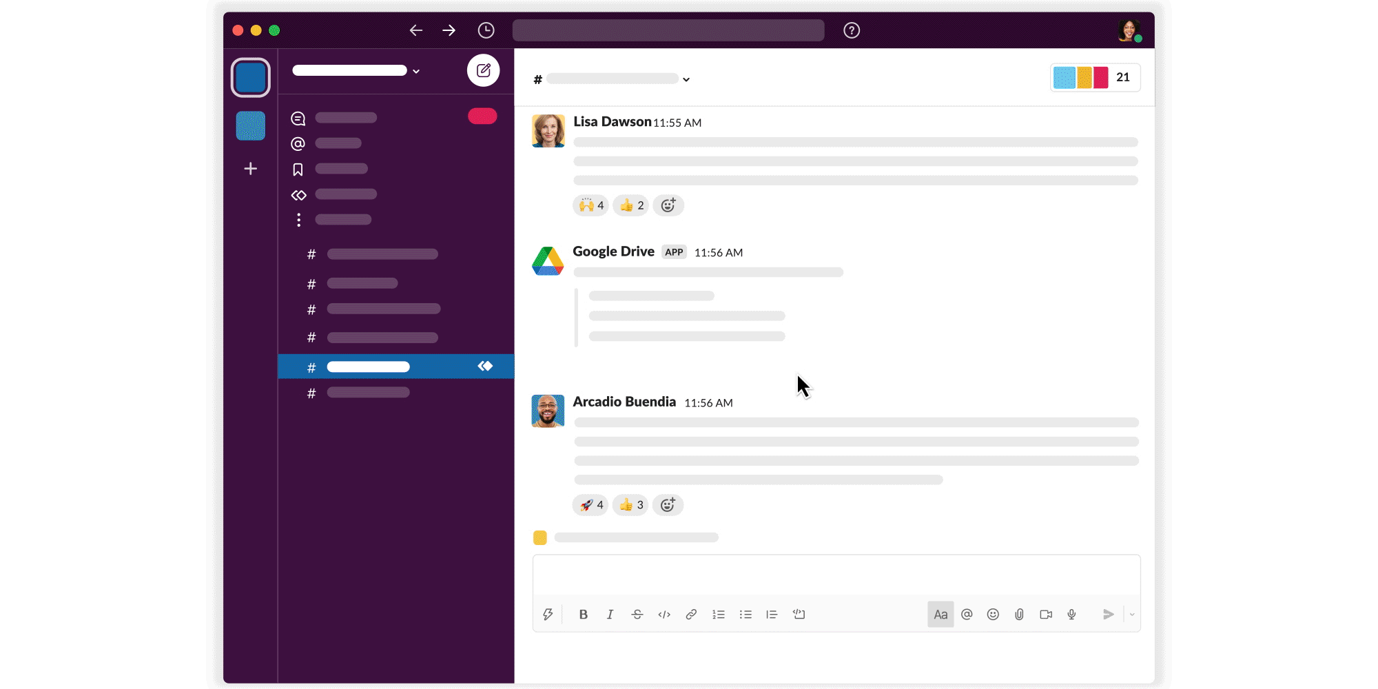 Animated GIF of a video clip in Slack with someone sharing their screen to show a short presentation to their team