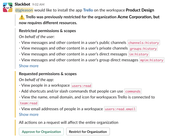 Slackbot 通过消息发送的应用审核请求。