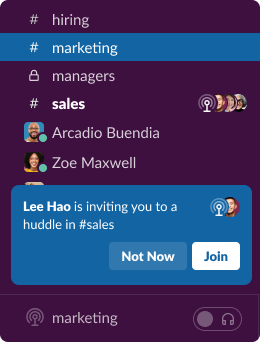Slack desktop app sidebar showing an invitation to a huddle in the Sales channel from Lee Hao