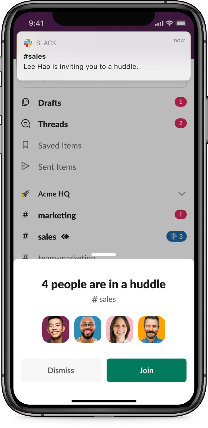 Slack mobile app showing an invitation to a huddle in the Sales channel from Lee Hao with buttons to dismiss or join