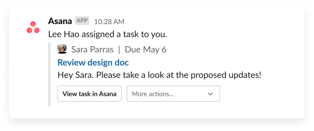 eine Nachricht über eine zugewiesene Aufgabe von einer Projekt-Management-App, die zu Slack hinzugefügt wurde