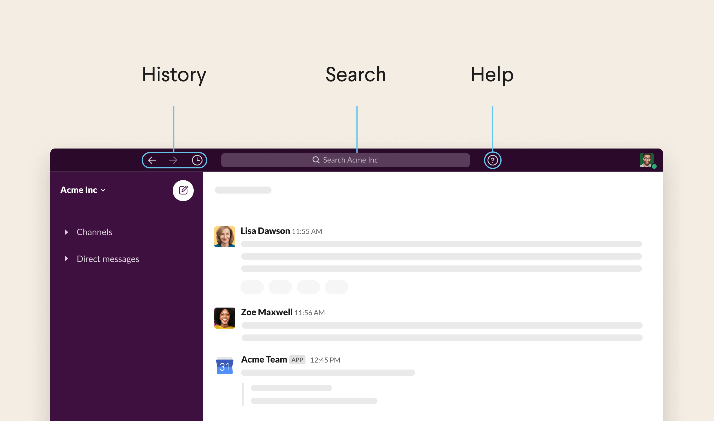 Top of Slack desktop app showing navigation icons and search bar