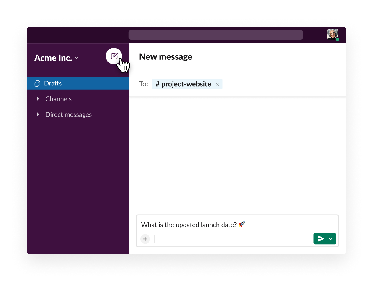 écrire un nouveau message avec le bouton Nouveau message dans Slack