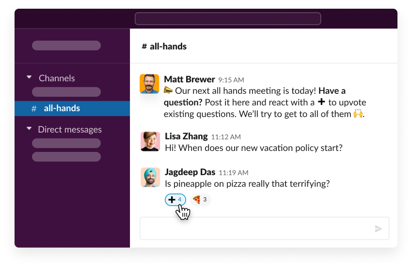 Employees asking questions in a Slack all-hands channel